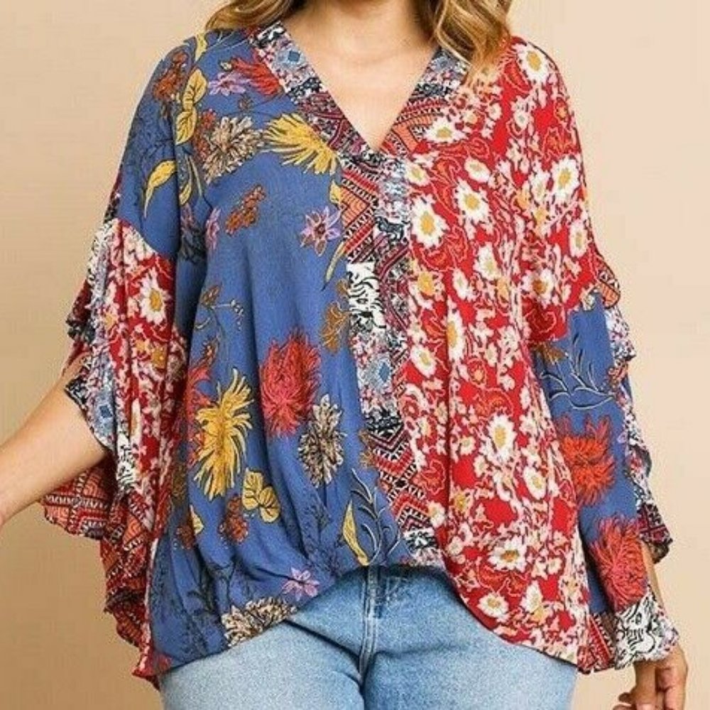 Umgee Top Mixed Floral Ruffle Sleeve Ruffle Boho - Picture 2 of 8